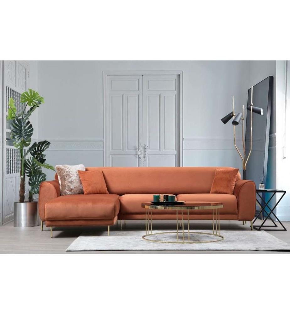 Ecksofa-Bett, Zimt, Buchenholz - Spanplattenrahmen, Polyesterstoff