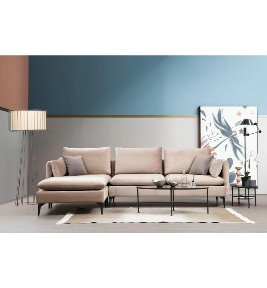 Ecksofa, Beige, Gestell aus Buchenholz - Spanplatte, Stoff aus Polyester