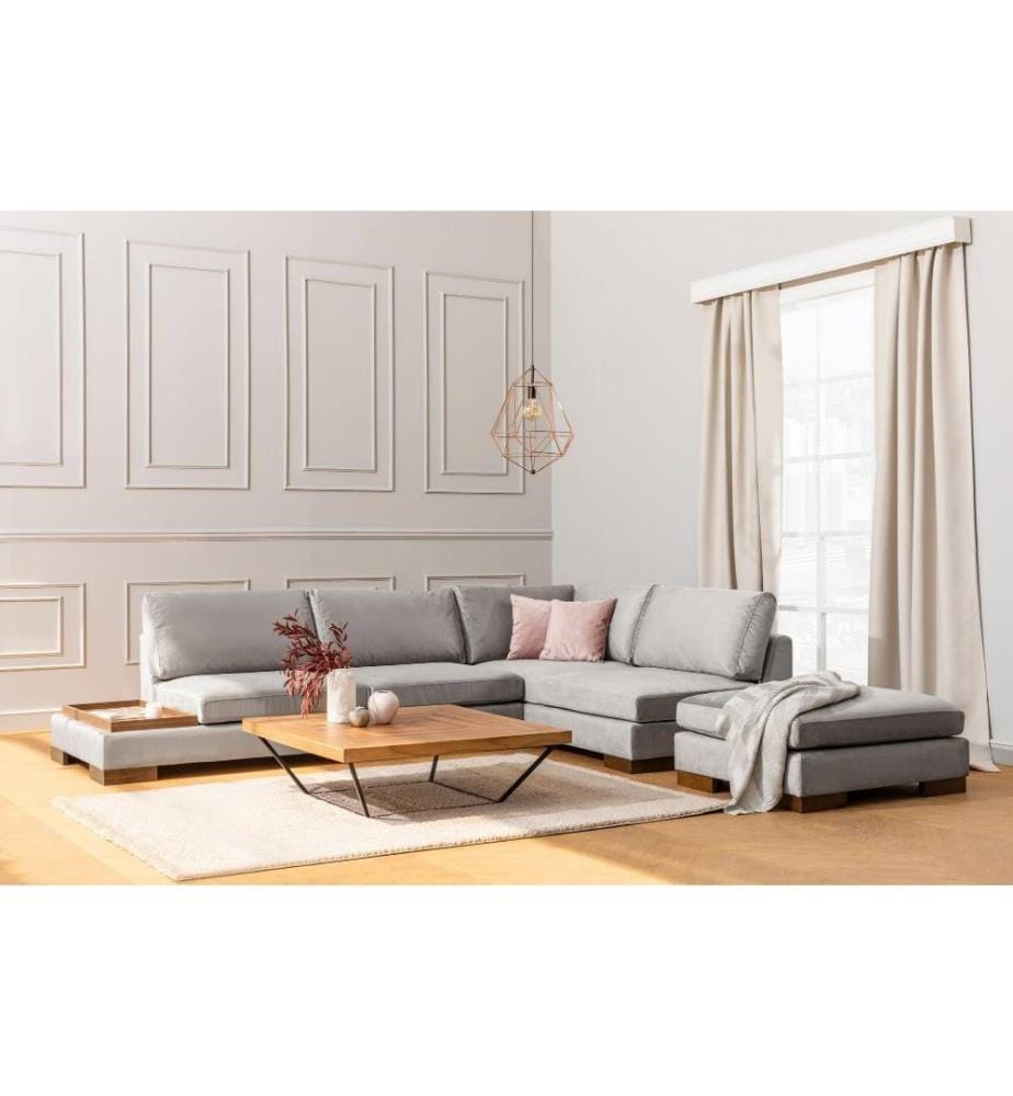 Ecksofa, Hellgrau, Gestell aus Buchenholz - Spanplatte, Stoff aus Polyester