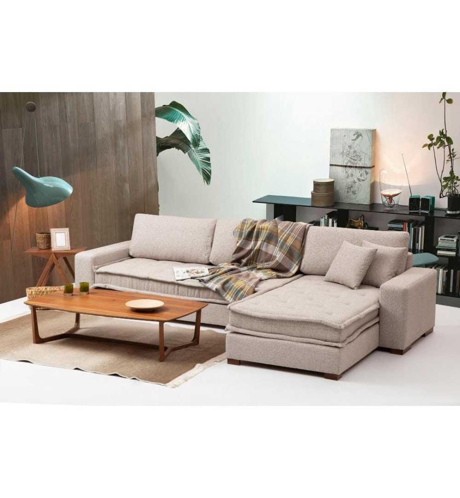 Ecksofa, Sandbeige, Gestell aus Buchenholz - Spanplatte, Polyesterstoff