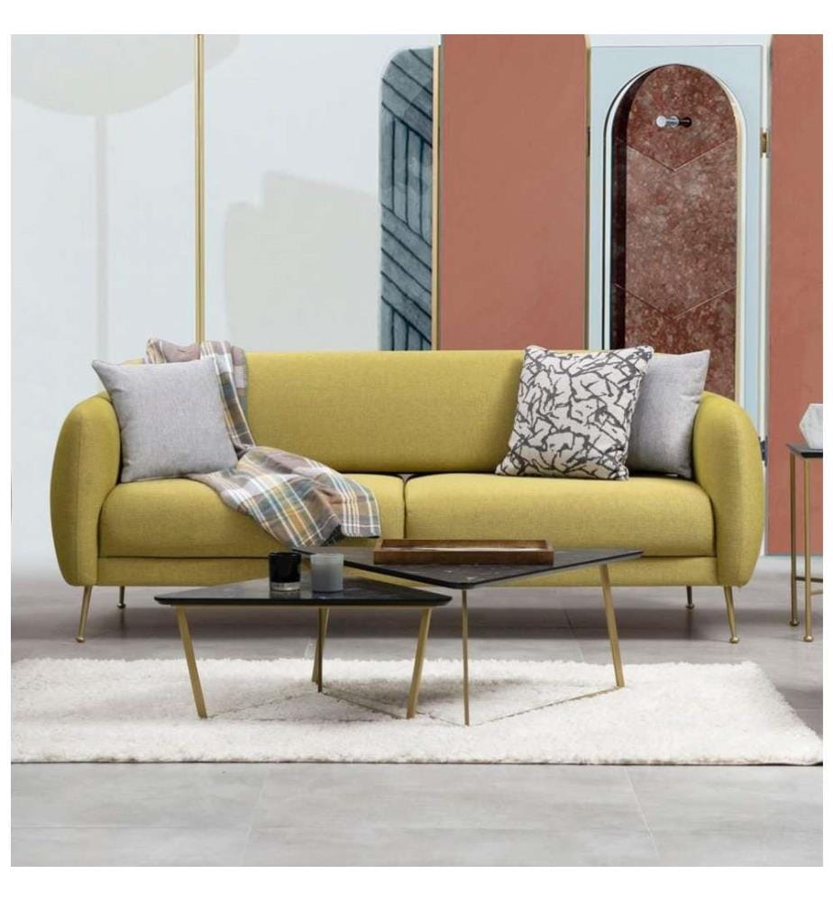 3-Sitz Sofa-Bett, Gelb, Buchenholz - Spanplattenrahmen, Polyester Stoff