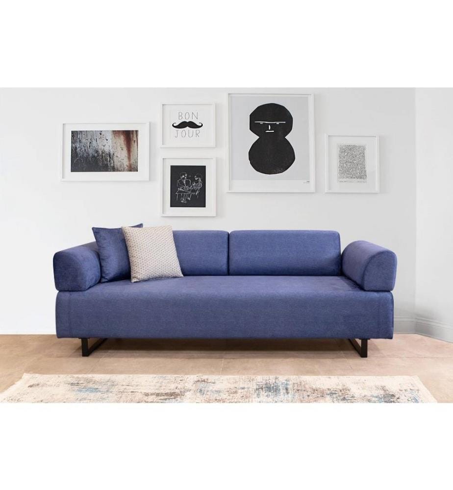 3-Sitz Sofa-Bett, Blau, Buchenholz - Spanplattenrahmen, Polyester Stoff