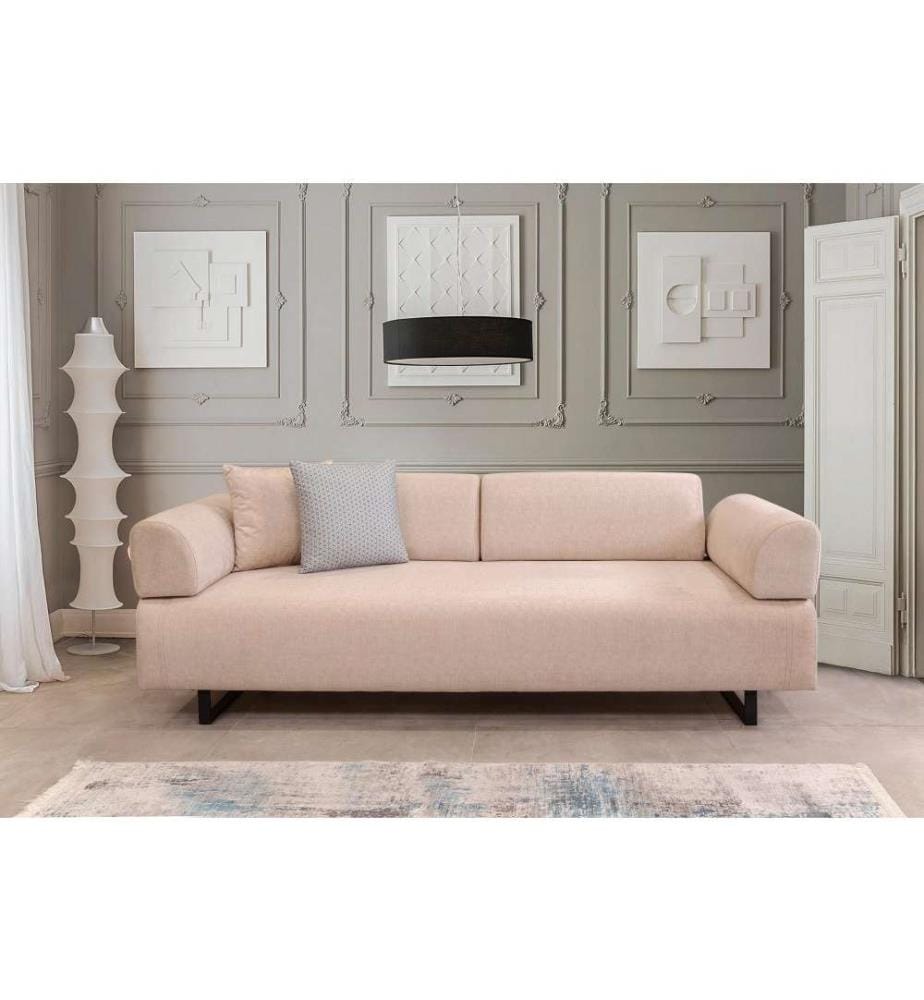 3-Sitz Sofa-Bett, Beige, Buchenholz - Spanplattenrahmen, Polyester Stoff