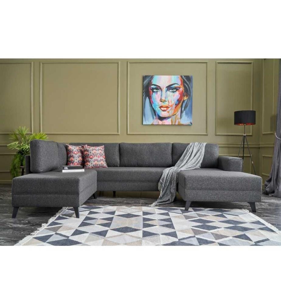 Ecksofa-Bett, Anthrazit, Rahmen aus Tannenholz, 50% Polyester - 50% Leinenstoff