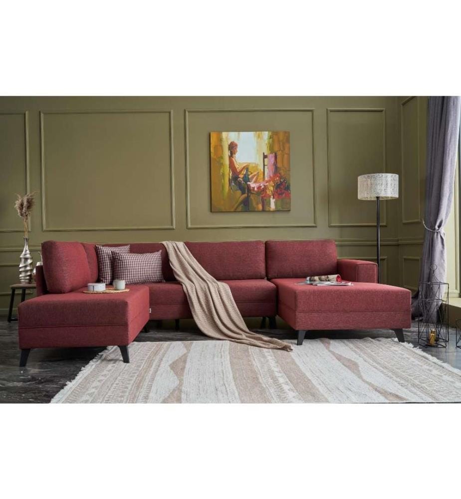 Corner Sofa-Bed, Claret Red, Fir Timber Frame, 50% Polyester - 50% Linen Fabric