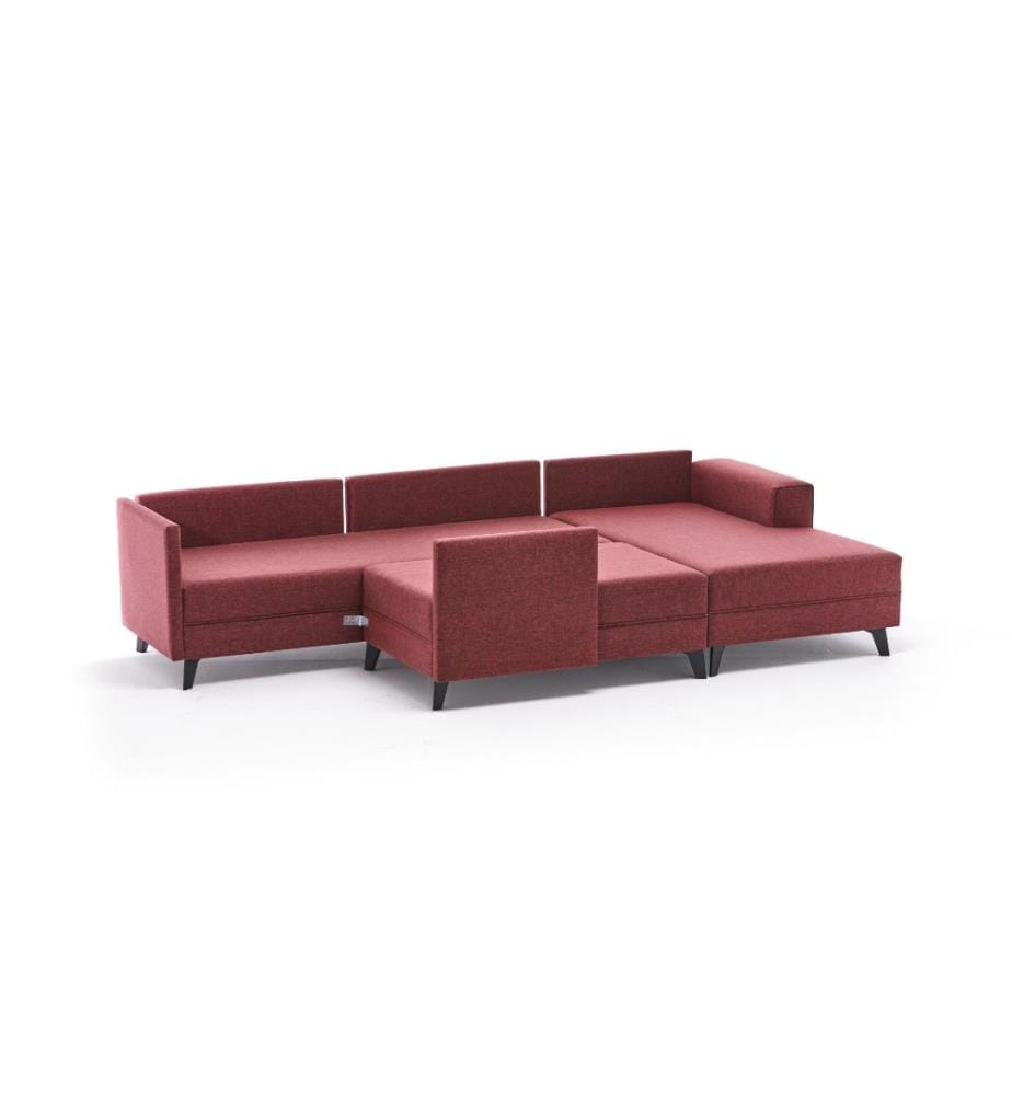 Corner Sofa-Bed, Claret Red, Fir Timber Frame, 50% Polyester - 50% Linen Fabric