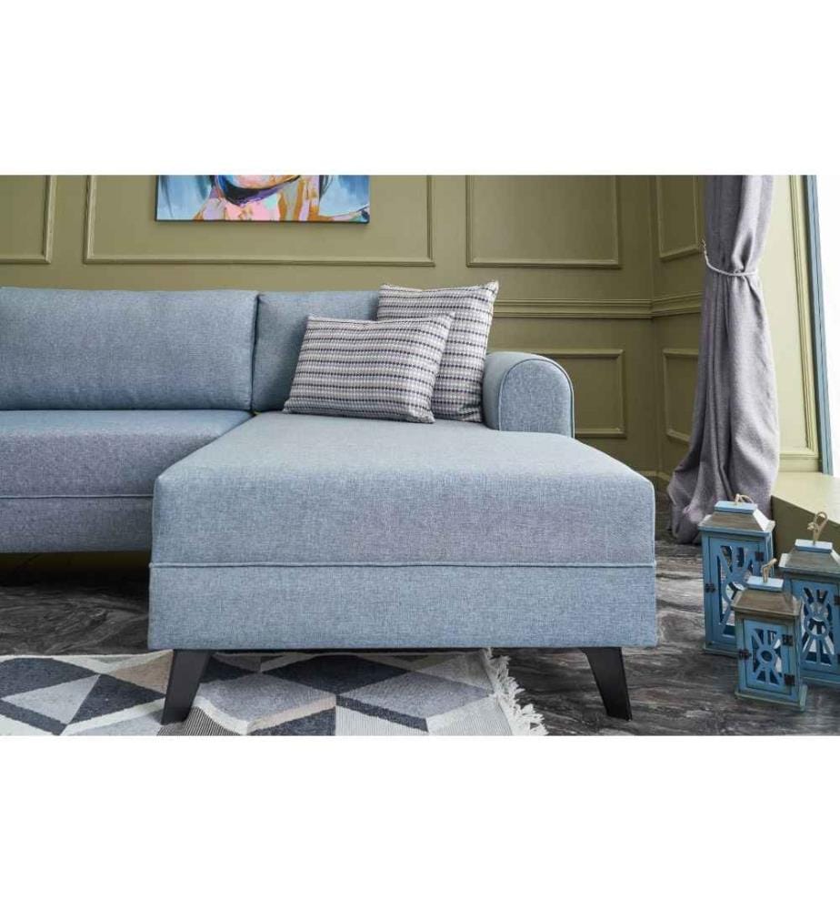Corner Sofa-Bed, Blue, Fir Timber Frame, 50% Polyester - 50% Linen Fabric