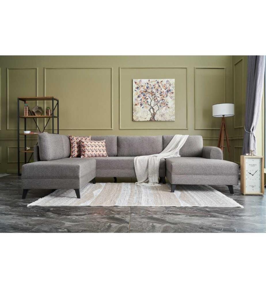 Corner Sofa-Bed, Brown, Fir Timber Frame, 50% Polyester - 50% Linen Fabric