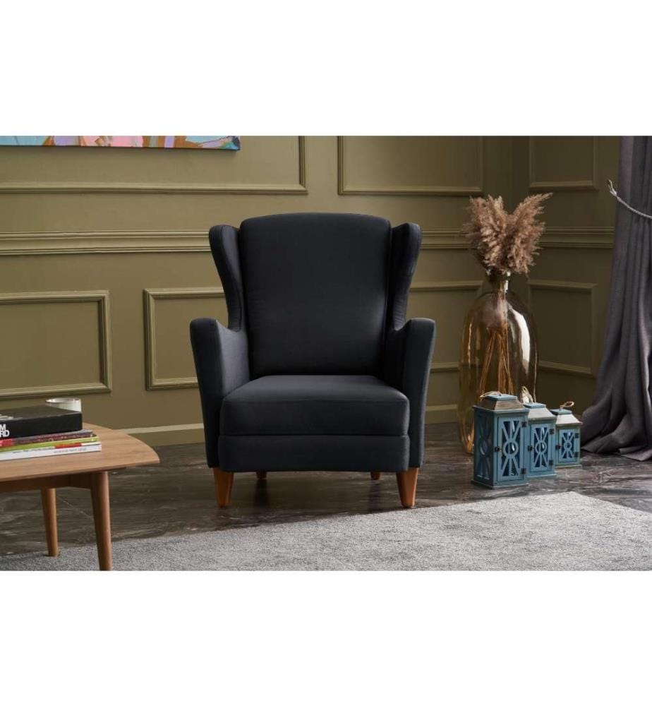 Wing Chair, Anthracite, Beech Wood Frame, Polyester Velvet Fabric