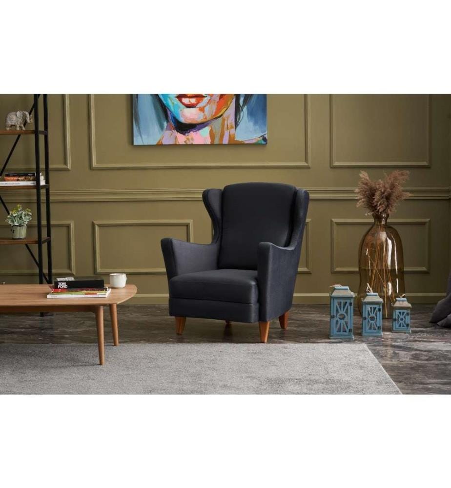 Wing Chair, Anthracite, Beech Wood Frame, Polyester Velvet Fabric