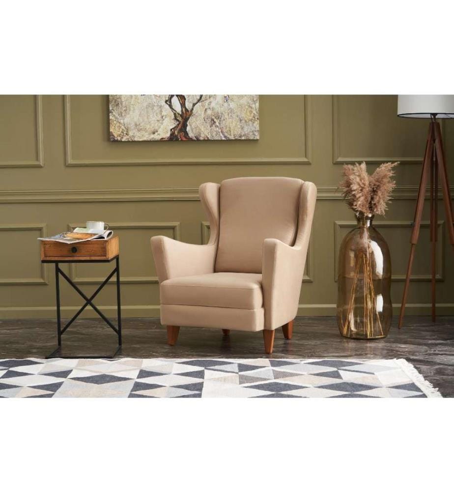 Ohrensessel, Creme, Gestell aus Buchenholz, Stoff aus Polyester-Samt