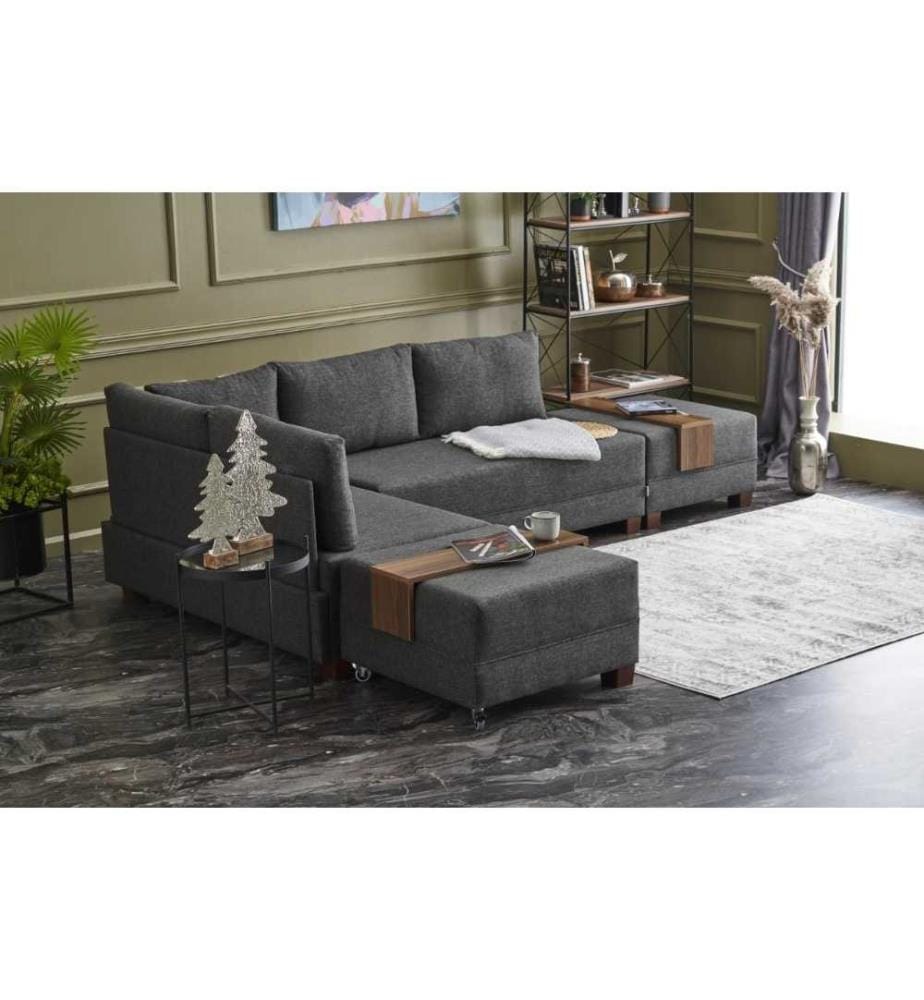 Canapé-lit d'angle, Anthracite, cadre en bois et panneaux de particules mélaminés, tissu coton et polyester
