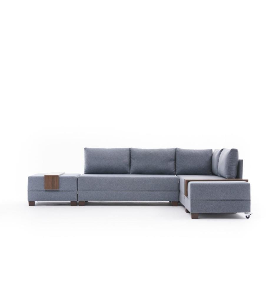 Corner Sofa-Bed, Blue, Wooden & Melamine Coated Particle Board Frame, Cotton & Polyester Fabric