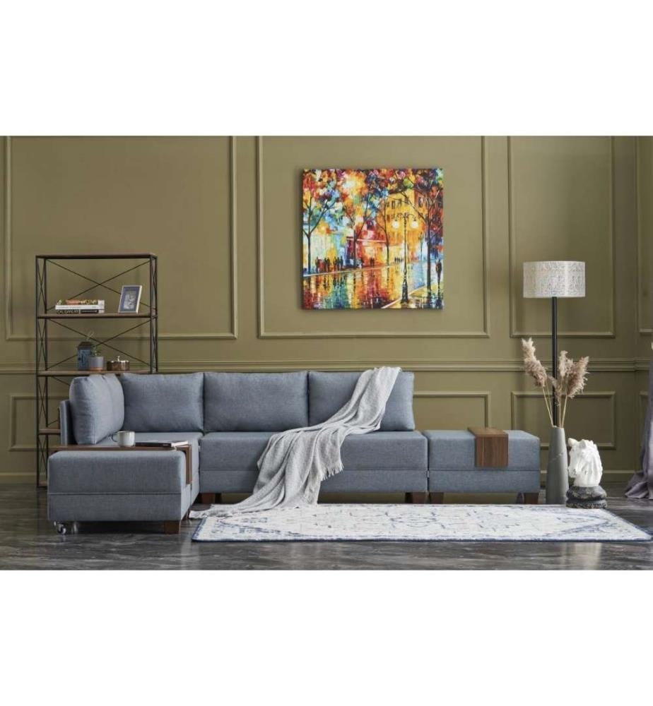 Divano-letto angolare, blu, struttura in particelle di legno e rivestita in melamina, tessuto in cotone e poliestere