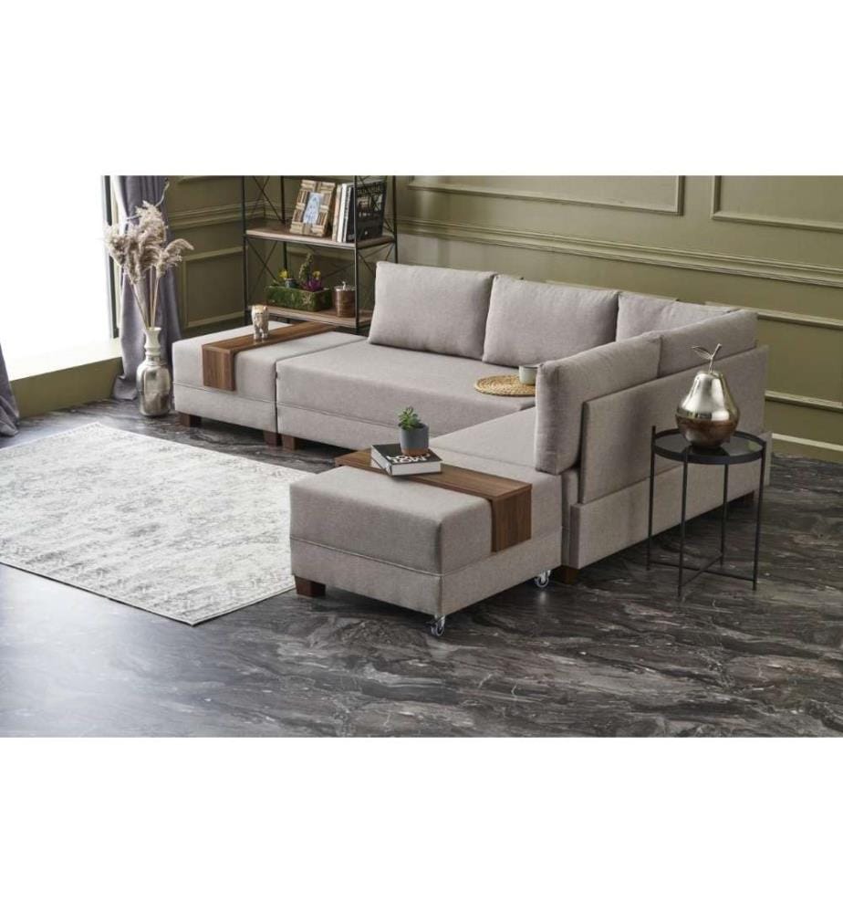 Corner Sofa-Bed, Cream, Wooden & Melamine Coated Particle Board Frame, Cotton & Polyester Fabric
