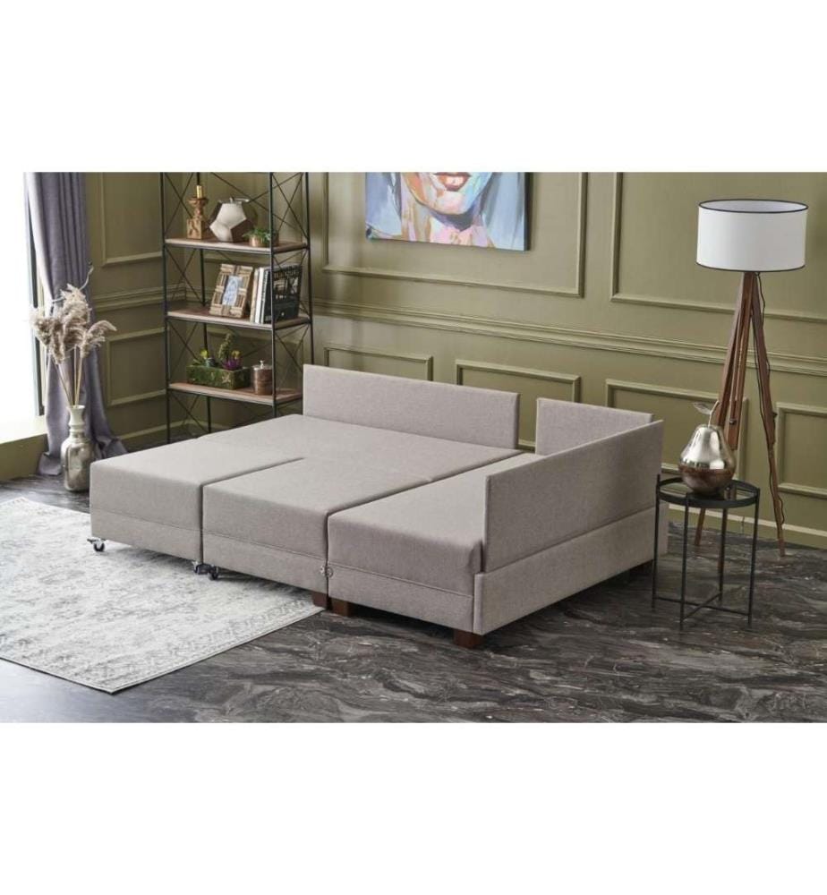 Corner Sofa-Bed, Cream, Wooden & Melamine Coated Particle Board Frame, Cotton & Polyester Fabric