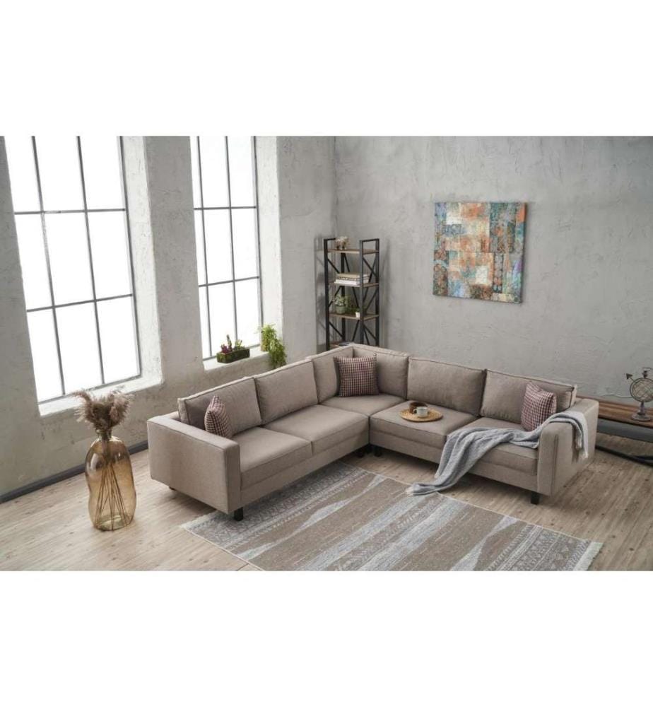 Ecksofa, Creme, Buchenholzrahmen, Polyester - Leinenstoff