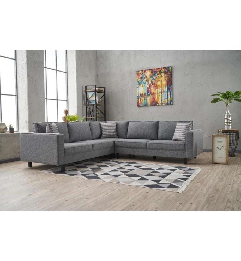Corner Sofa, Grey, Beech Wood Frame, Polyester - Linen Fabric