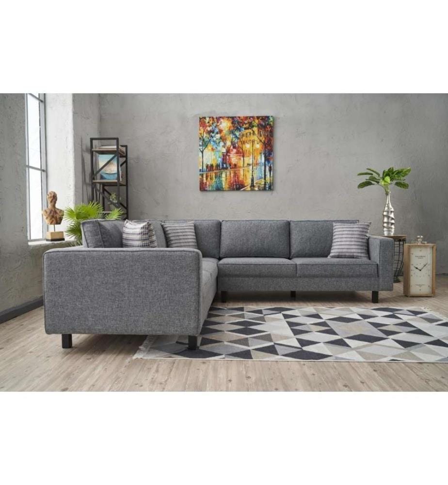Corner Sofa, Grey, Beech Wood Frame, Polyester - Linen Fabric