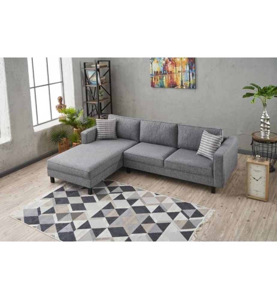 Ecksofa, Grau, Gestell aus Buchenholz, Polyester - Leinenstoff