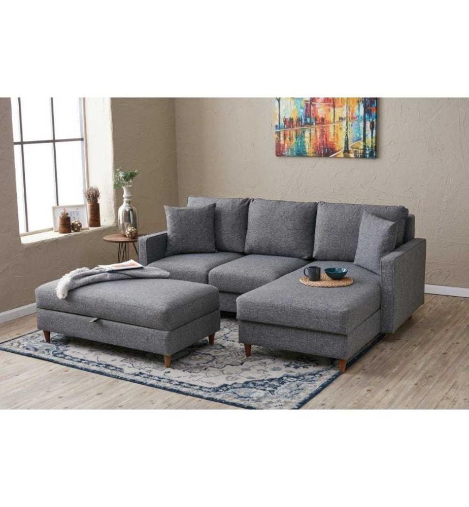 Corner Sofa, Grey, Fir - Flakeboard Frame, Polyester Fabric