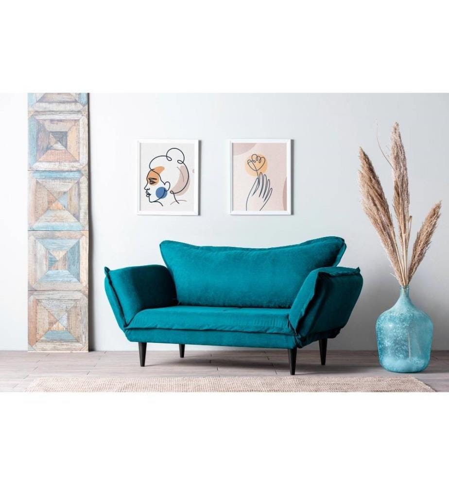 2-Seat Sofa-Bed, Petrol Green, Metal Frame, Wooden Legs, Linen Fabric Fabric
