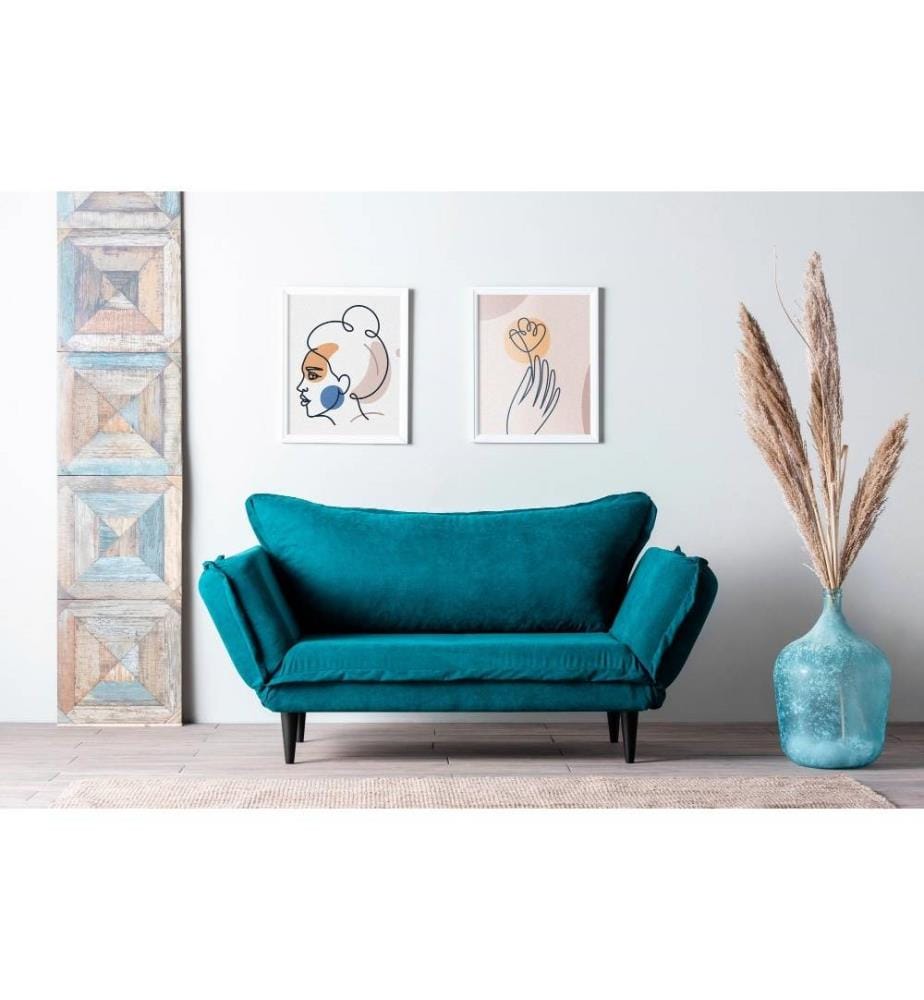 2-Seat Sofa-Bed, Petrol Green, Metal Frame, Wooden Legs, Linen Fabric Fabric