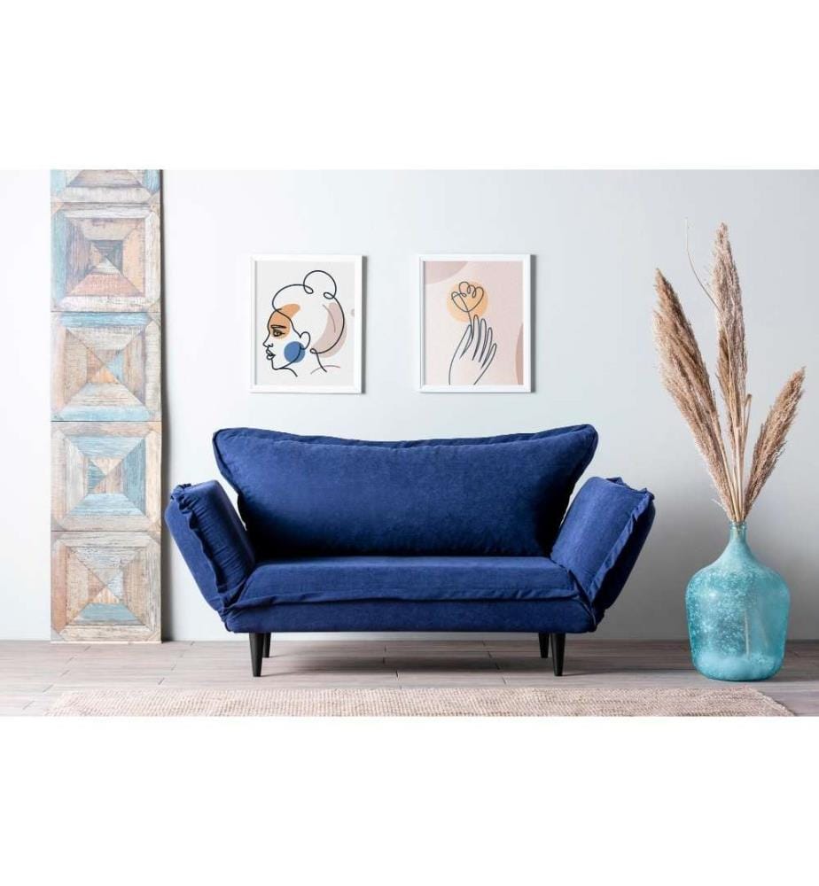 2-Seat Sofa-Bed, Navy Blue, Metal Frame, Wooden Legs, Linen Fabric Fabric