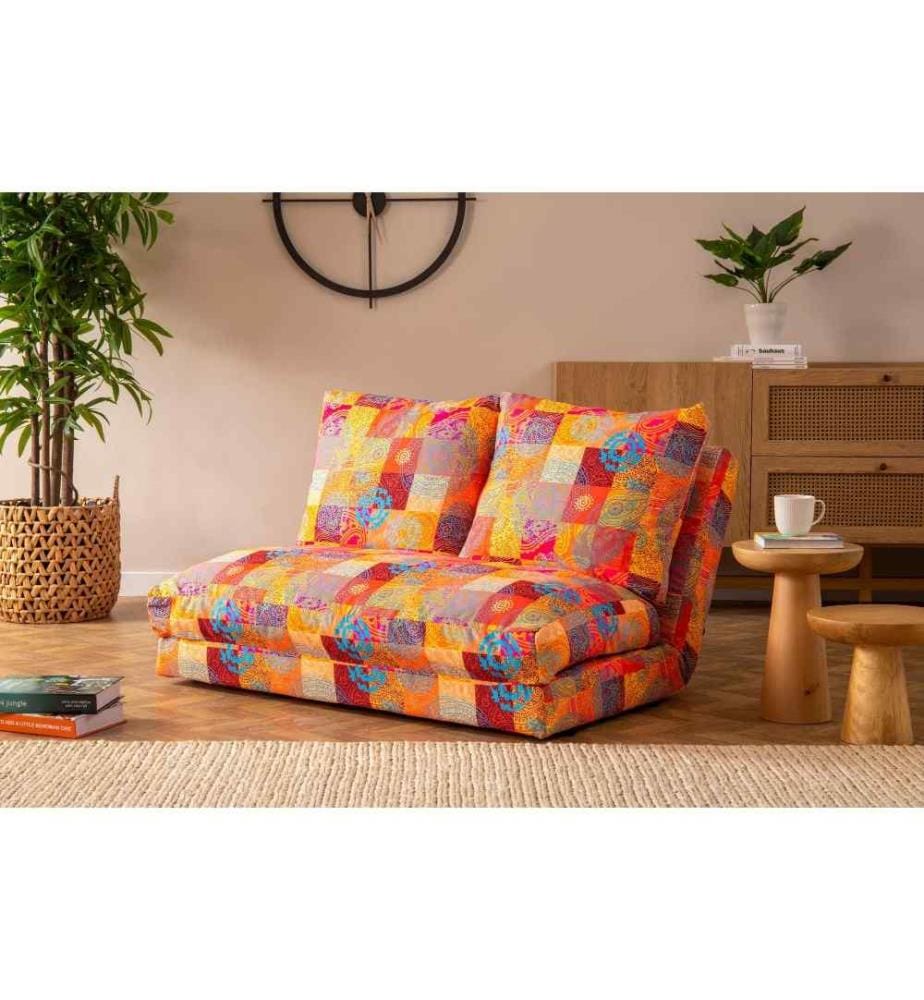 2-Seat Sofa-Bed, Multicolor, Metal Frame, Patchwork Digital Fabric Fabric
