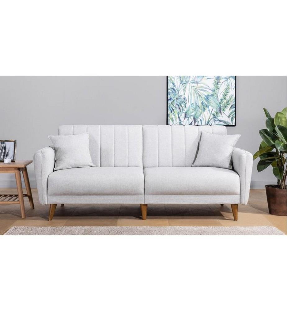3-Sitz Sofa-Bett, Creme, Hainbuchenholz - Metallrahmen, Leinenstoff