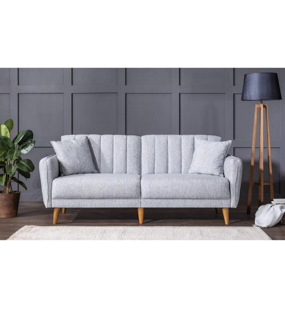 3-Sitz Sofa-Bett, Grau, Hainbuchenholz - Metallrahmen, Leinenstoff