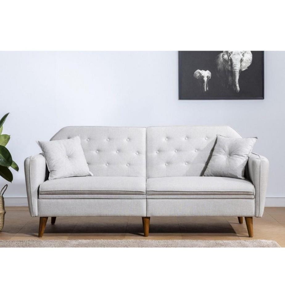 3-Sitz Sofa-Bett, Creme, Hainbuchenholz - Metallrahmen, Leinenstoff