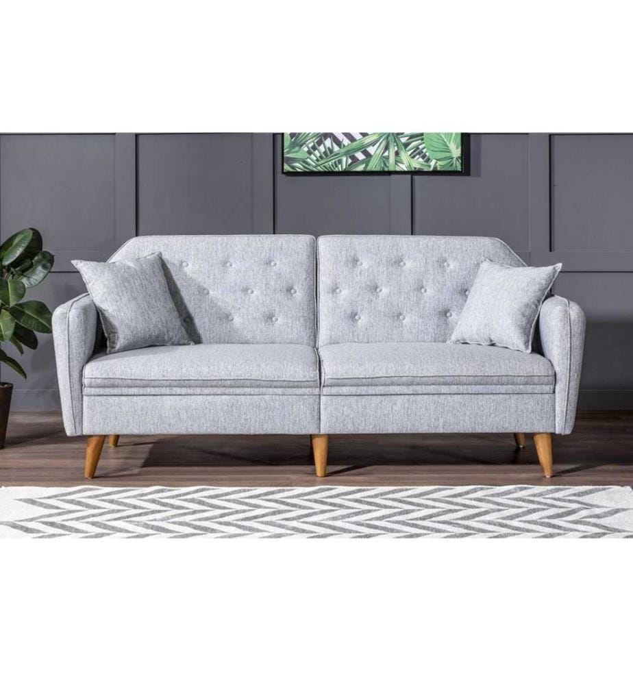 3-Sitz Sofa-Bett, Grau, Hainbuchenholz - Metallrahmen, Leinenstoff