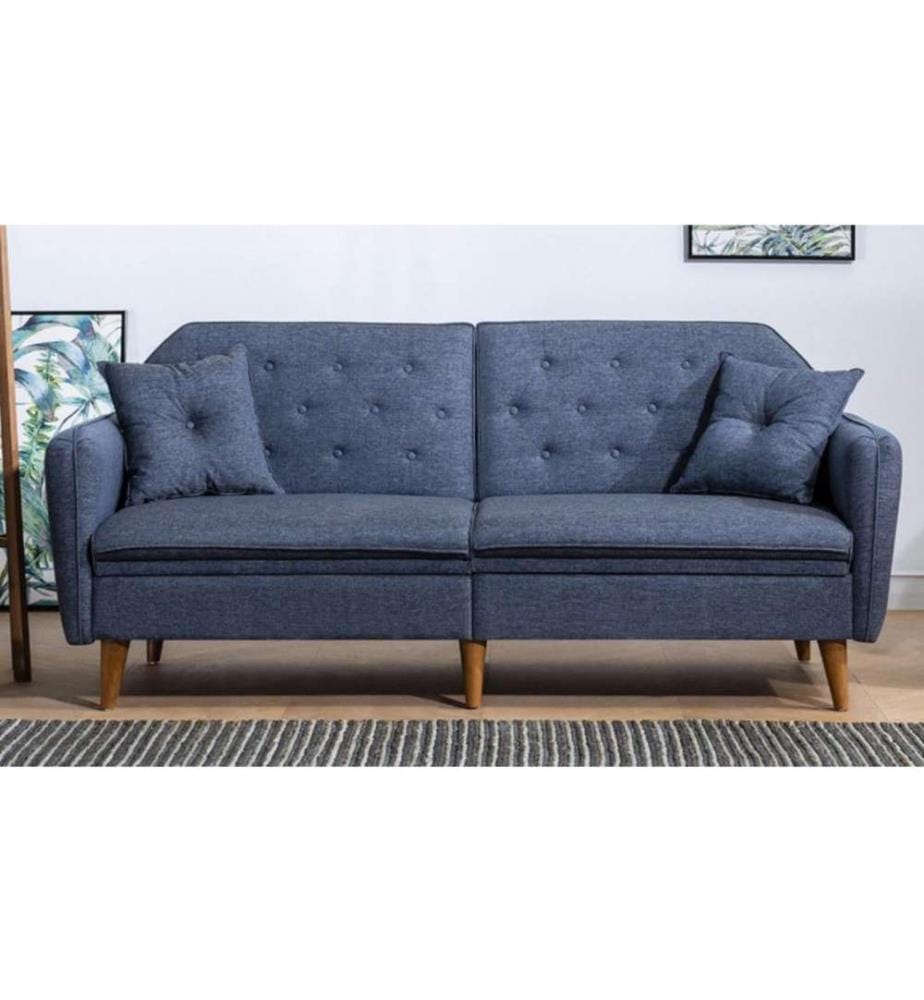 3-Sitz Sofa-Bett, Dunkelblau, Hainbuchenholz - Metallrahmen, Leinenstoff