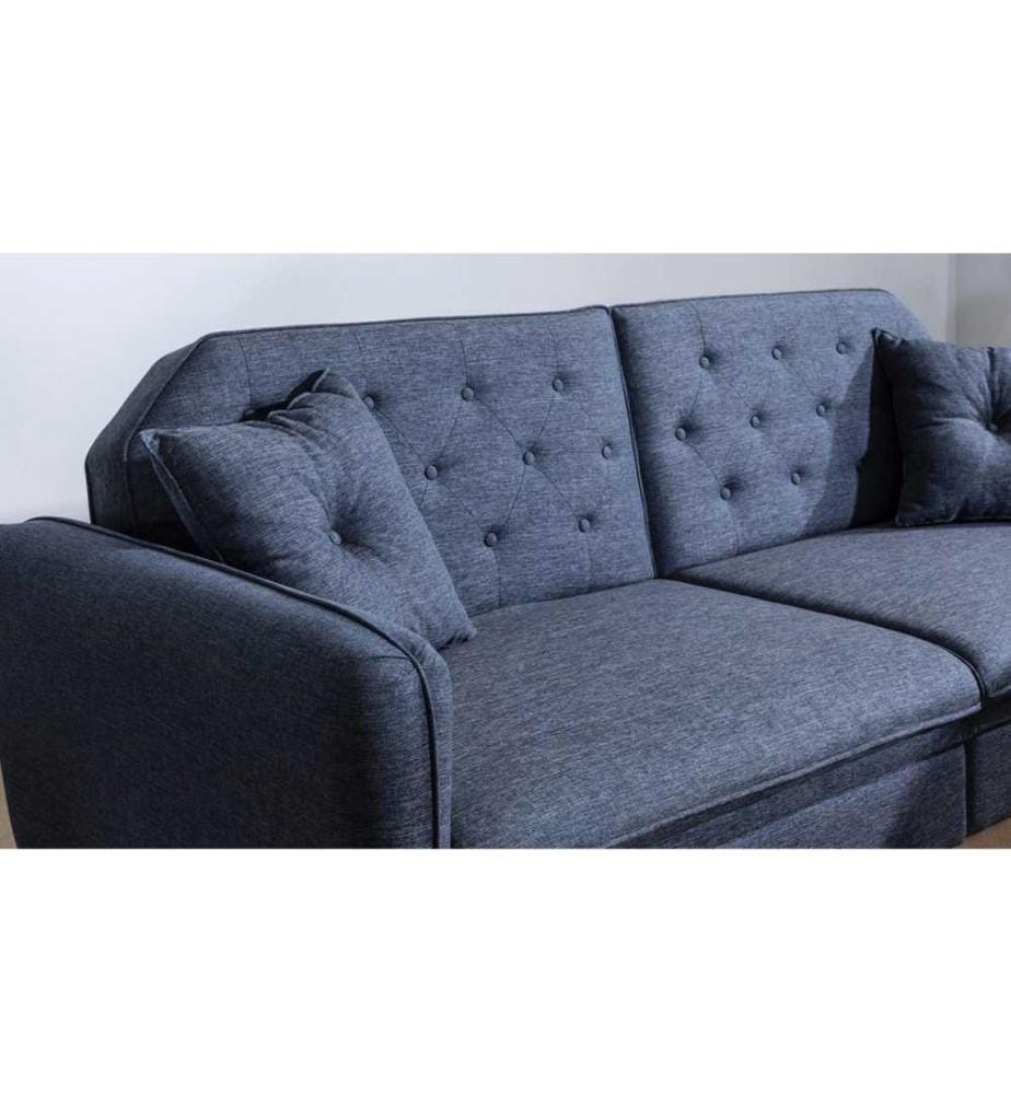 3-Sitz Sofa-Bett, Dunkelblau, Hainbuchenholz - Metallrahmen, Leinenstoff