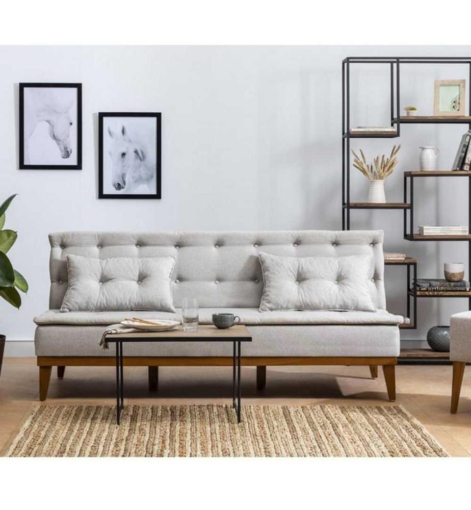 3-Sitz Sofa-Bett, Creme, Hainbuchenholzrahmen, Leinenstoff