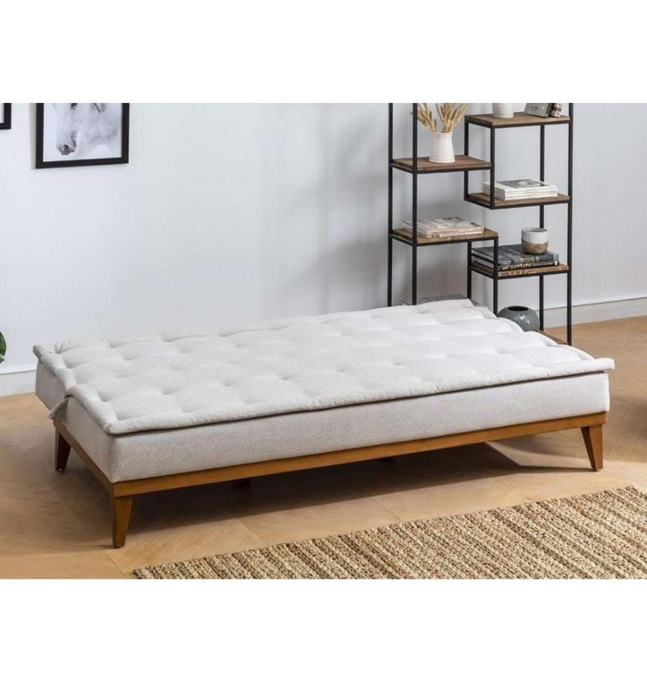 3-Sitz Sofa-Bett, Creme, Hainbuchenholzrahmen, Leinenstoff