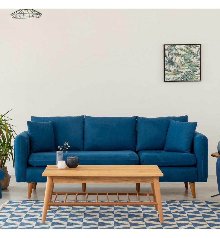 3-Sitzer Sofa, Dunkelblau, Gestell aus Kiefernholz, Strickstoff