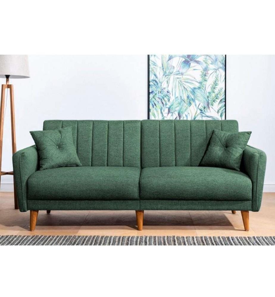 3-Sitz Sofa-Bett, Grün, Hainbuchenholz - Metallrahmen, Leinenstoff