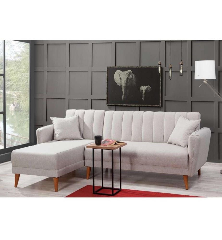 Ecksofa-Bett, Creme, Hainbuchenholz - Metallrahmen, Leinenstoff