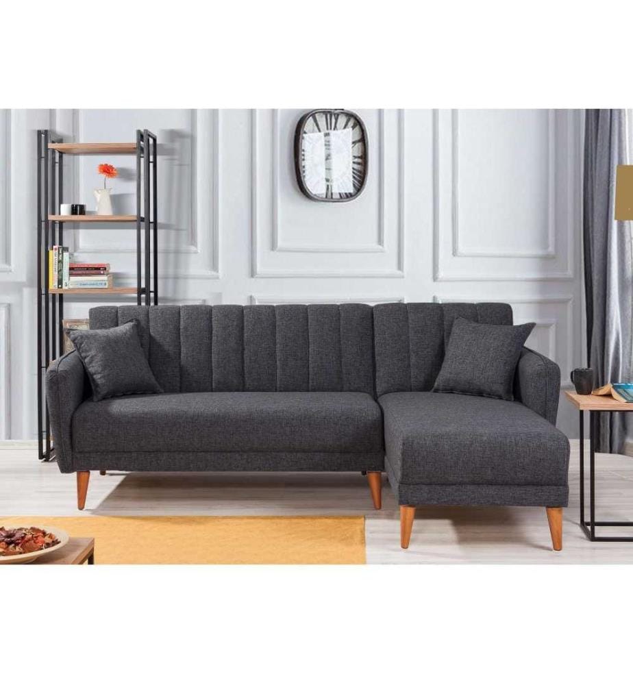 Ecksofa-Bett, Dunkelgrau, Hainbuchenholz - Metallrahmen, Leinenstoff
