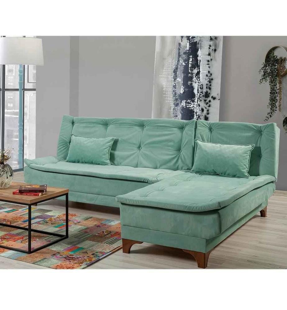 Ecksofa-Bett, Seegrün, Gestell aus Kiefernholz, Strickstoff-Stoff
