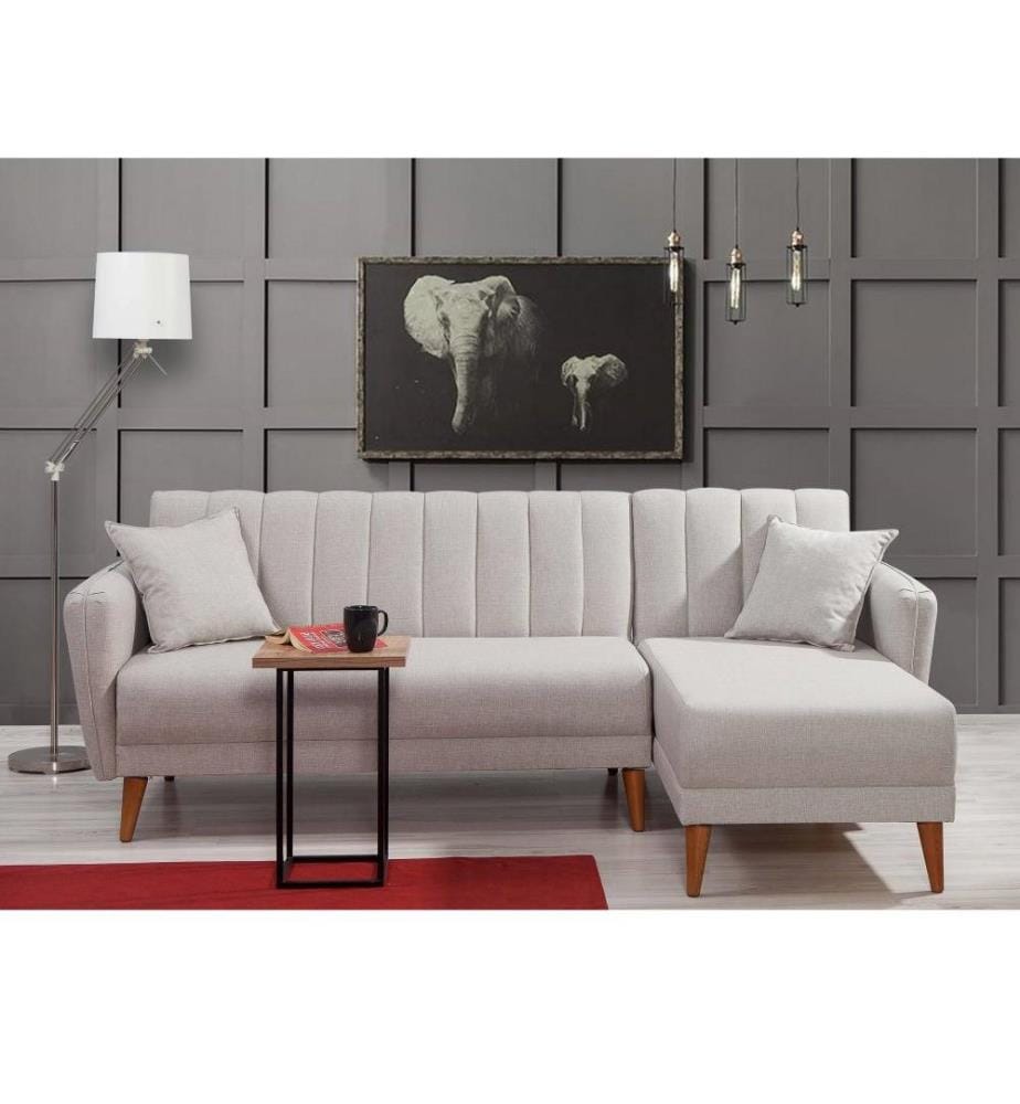 Ecksofa-Bett, Creme, Hainbuchenholz - Metallrahmen, Leinenstoff