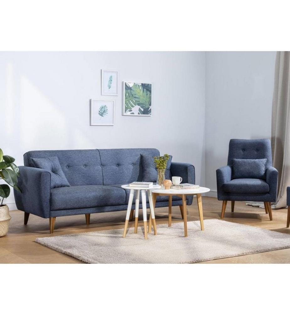 Sofa-Bett-Set, Dunkelblau, Rahmen aus Hainbuchenholz, Leinenstoff