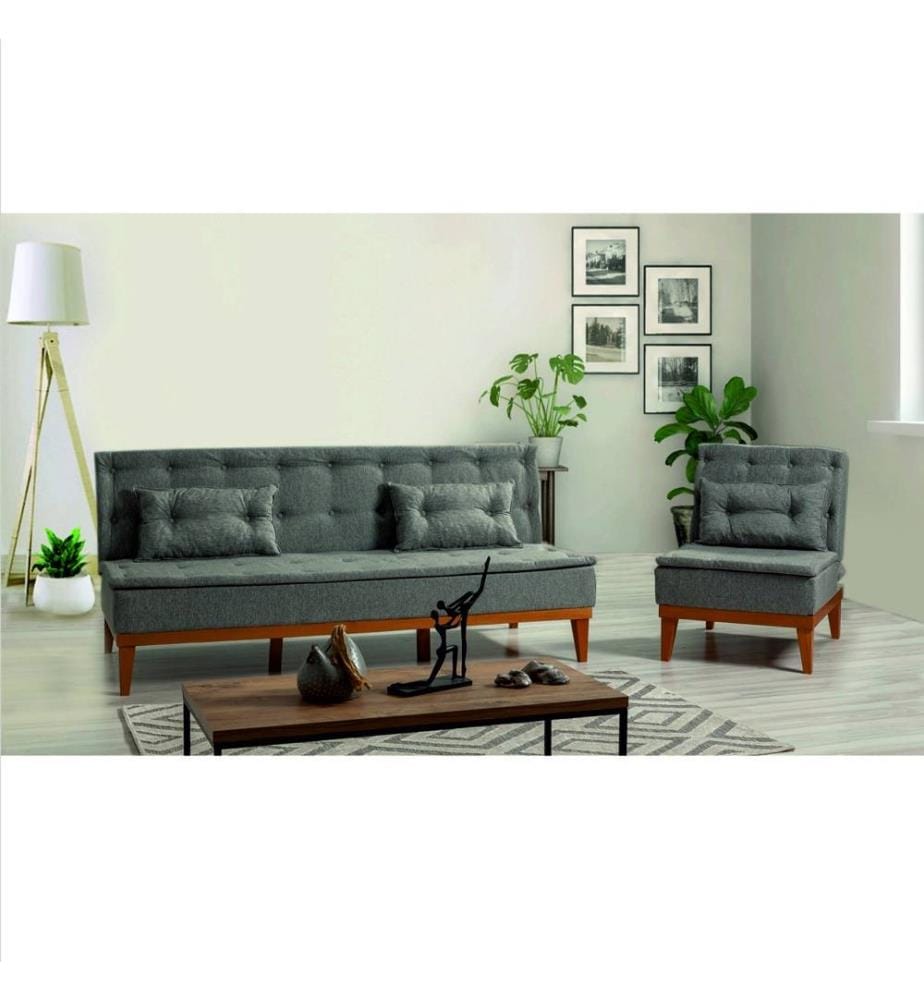 Sofa-Bett-Set, Dunkelgrau, Rahmen aus Hainbuchenholz, Leinenstoff