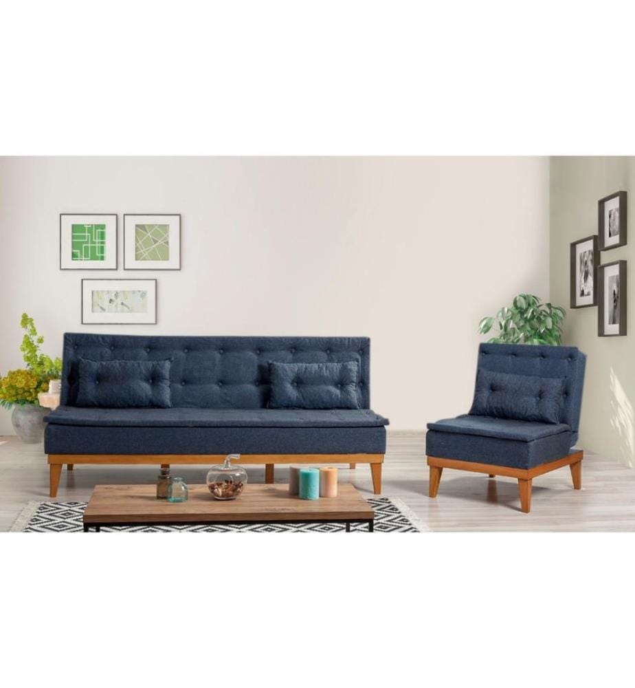 Sofa-Bett-Set, Dunkelblau, Rahmen aus Hainbuchenholz, Leinenstoff