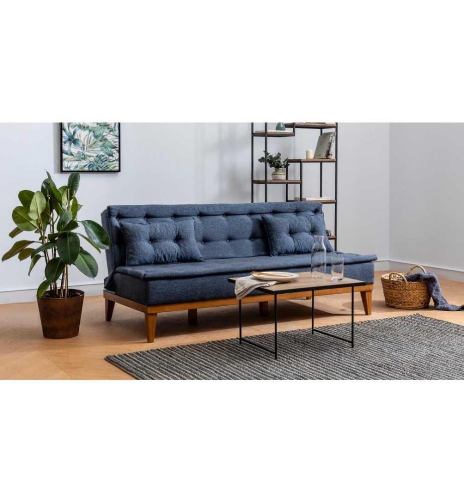 Sofa-Bett-Set, Dunkelblau, Rahmen aus Hainbuchenholz, Leinenstoff