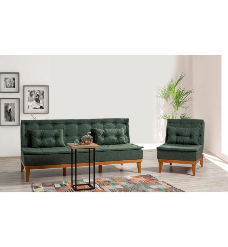 Sofa-Bett-Set, Grün, Hainbuchenholzrahmen, Leinenstoff