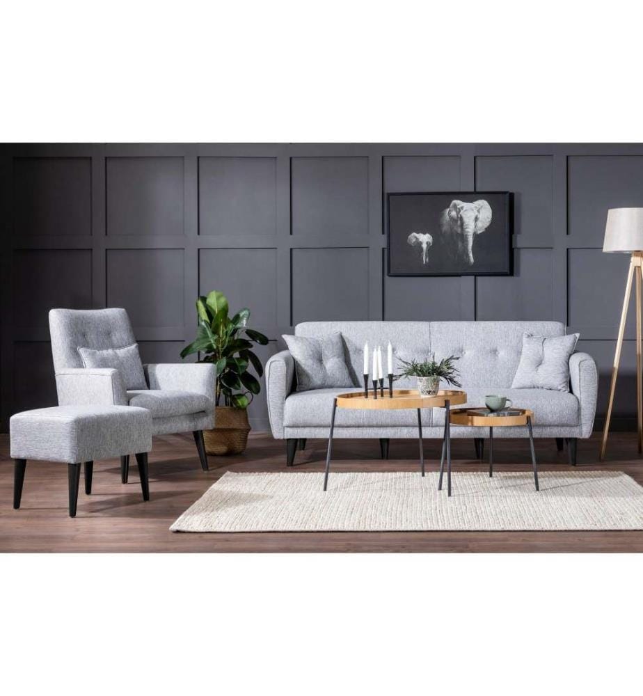 Sofa-Bett-Set, Grau, Gestell Hainbuche, Polyester-Stoff