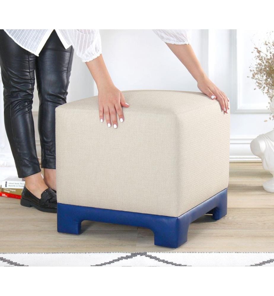 Pouf, crema, blu, 50% COTONE / 50% LINO